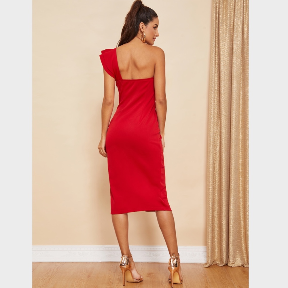 Ruffle Detail One Shoulder Bodycon Slit Dress Red - Picture 3 of 5